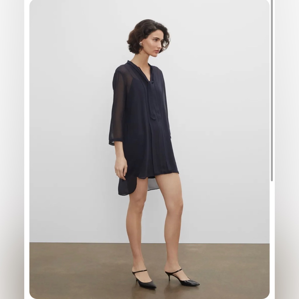 Club Monaco 100% Club Silk Tunic Pintuck Dress With Neck Tie - Navy